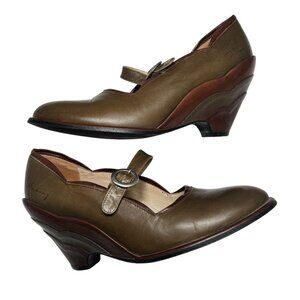 John Fluevog Pinups Mary Jane Pumps Olive Green Brown Leather Sz 7